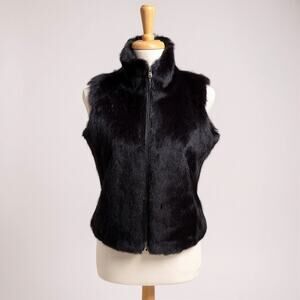 Karen Kane Natural Fur Vest Sz M Black Full Zip‎
